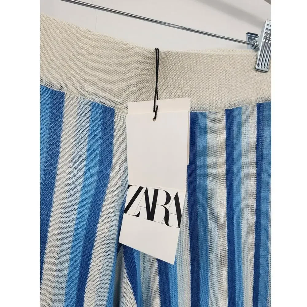 New NWT Zara Linen Wide Leg Blue White Stripe Pants‎ Size Small